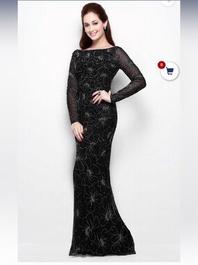 Primavera Couture Black Floral Sequin Long Sleeve Gown